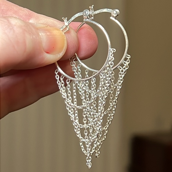 Vintage Boho Sterling Silver 925 Layered Chain Fringe Hoop Earrings - Picture 5 of 5